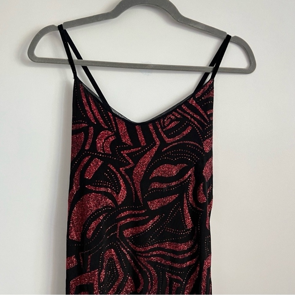 Y2K Black Red Glitter Asymmetrical Dress Ruffle Hem Spaghetti Strap Party Dress - Picture 4 of 14